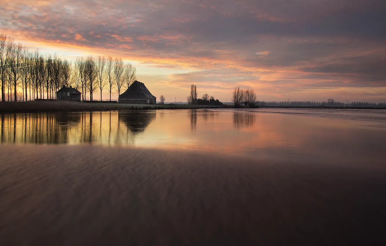 Photo wallpaper sunset, nature, lake, home