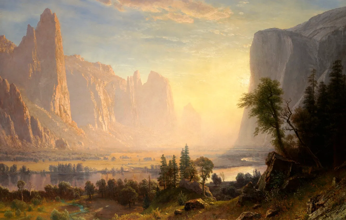 Photo wallpaper landscape, mountains, nature, lake, picture, Yosemite Valley, Albert Bierstadt