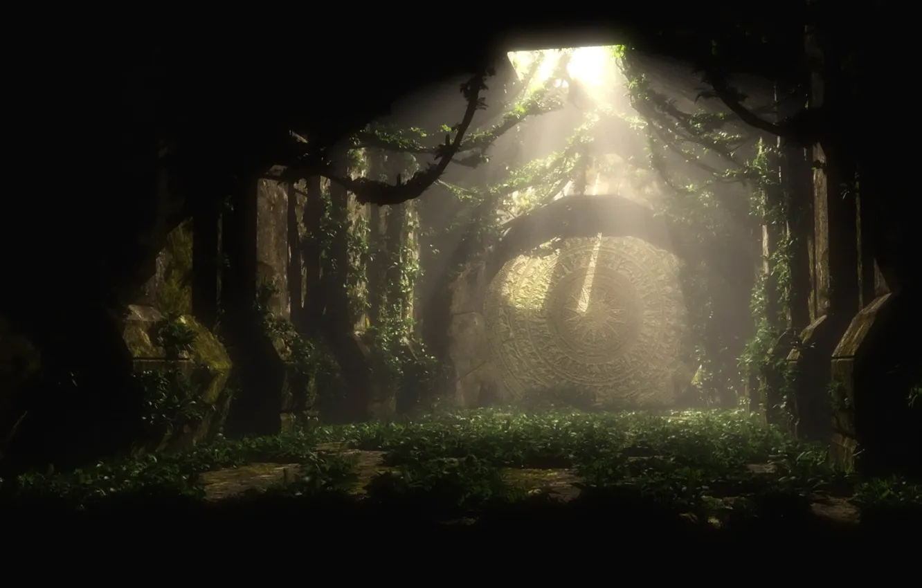 Photo wallpaper rays, light, twilight, ornament, ancient ruin