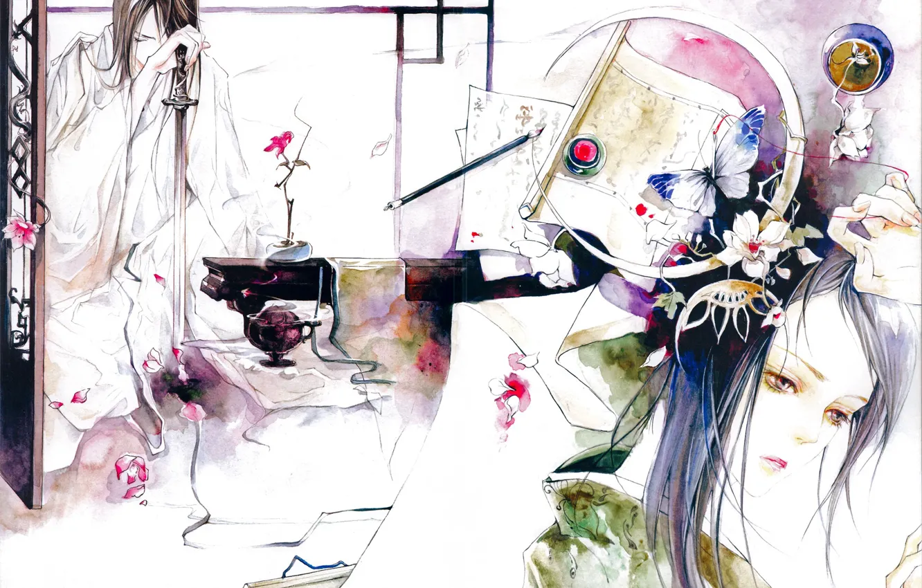 Photo wallpaper girl, flowers, table, butterfly, leaf, katana, watercolor, vase