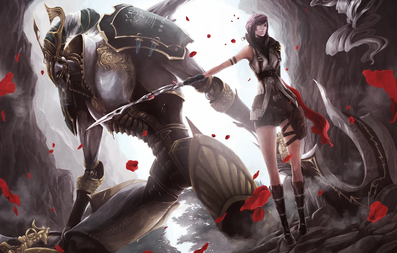 Photo wallpaper girl, weapons, the wind, monster, petals, Final Fantasy, Lightning, Odin