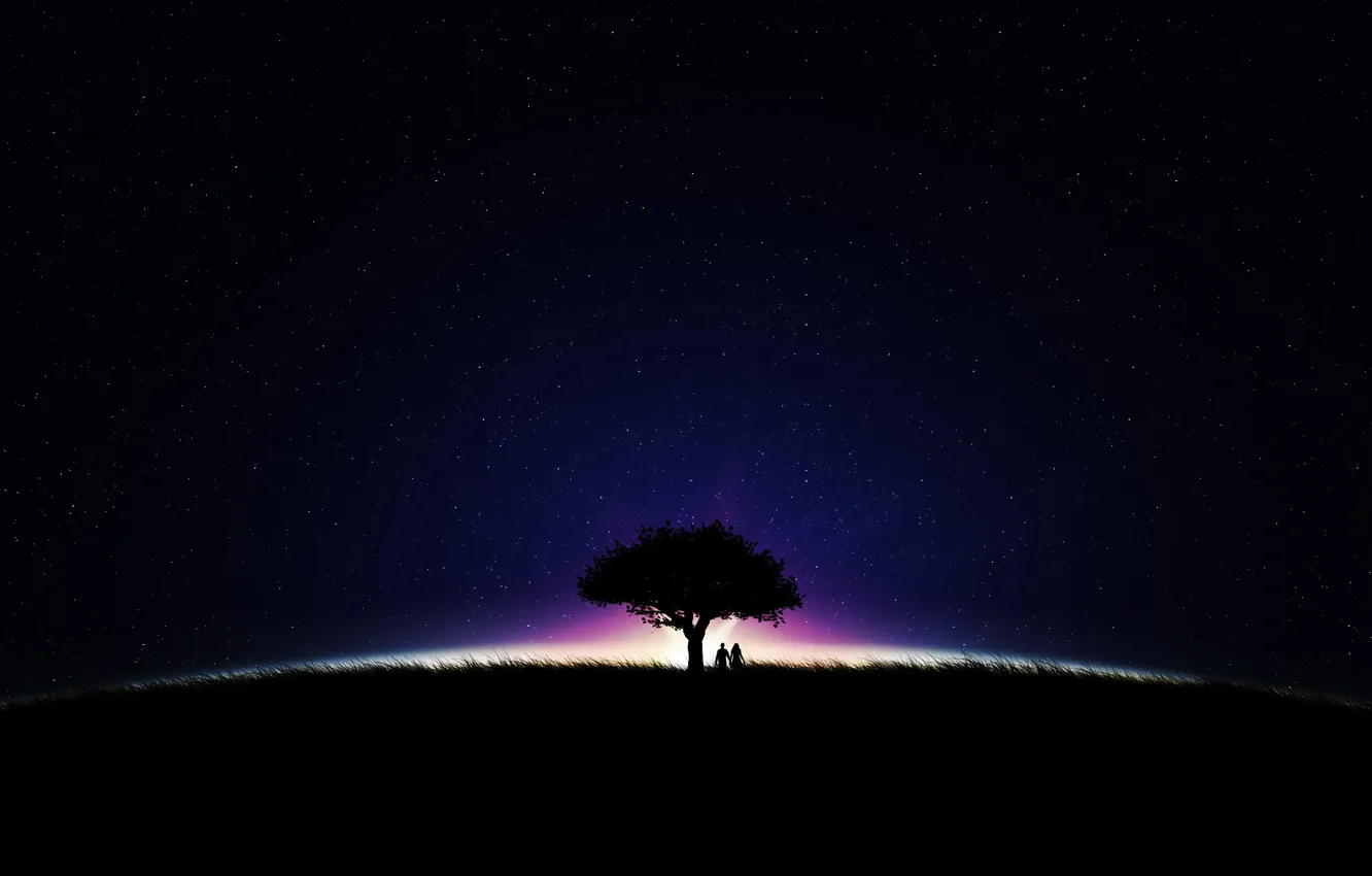 Photo wallpaper field, the sky, girl, stars, light, trees, landscape, night