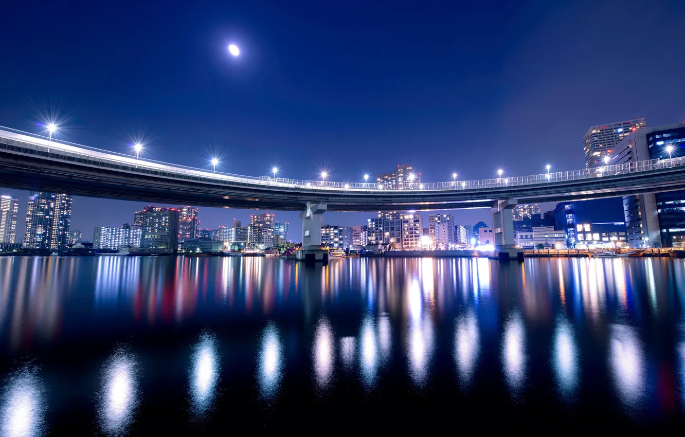 Photo wallpaper lights, reflection, the moon, Japan, Tokyo, twilight