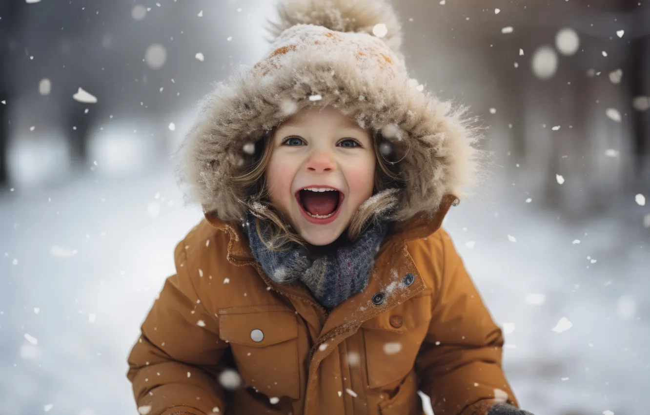 Photo wallpaper winter, snow, joy, girl, digital art, AI art, The Art of Artificial Intelligence, neural network