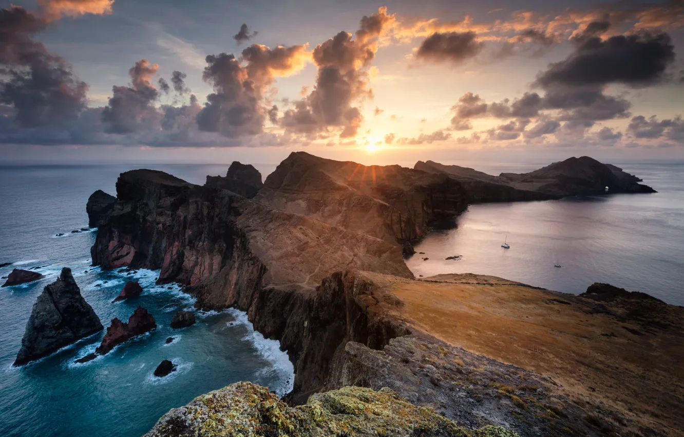 Photo wallpaper sea, mountains, rocks, shore, boat, Cape