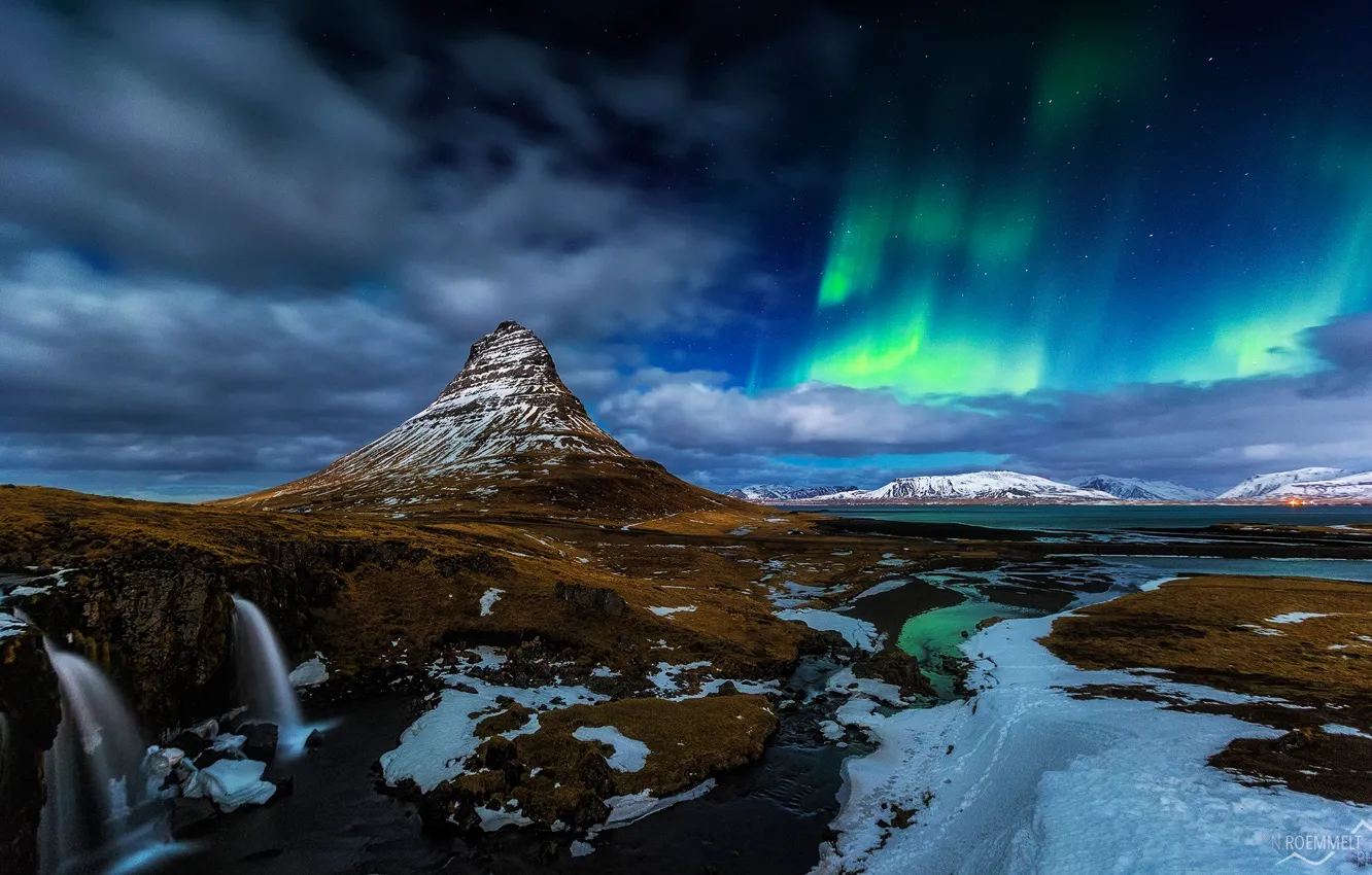 Photo wallpaper snow, night, rocks, mountain, waterfall, Northern lights, the volcano, Iceland