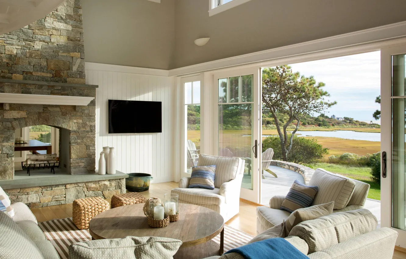 Photo wallpaper design, style, interior, fireplace, USA, terrace, living room, Massachusetts