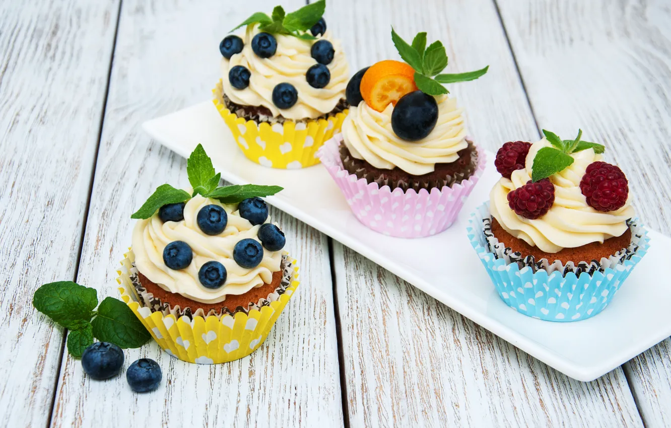 Photo wallpaper berries, cream, cupcakes, Olena Rudo