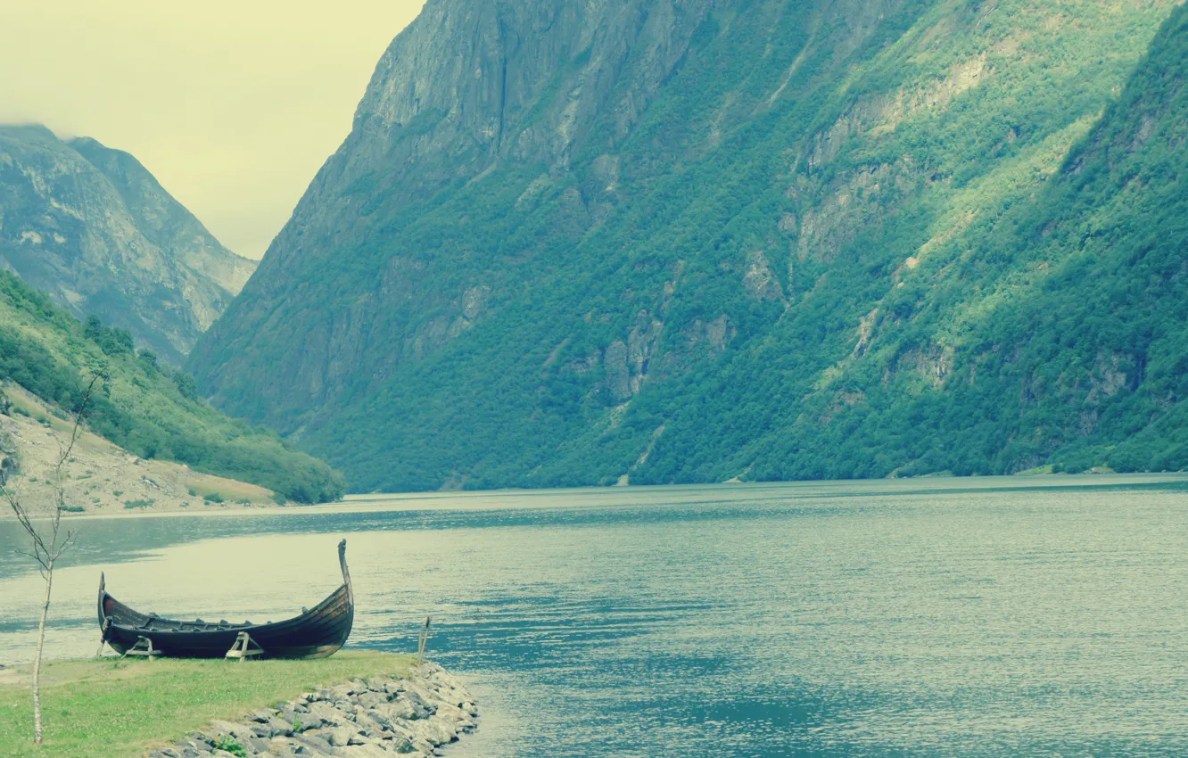 Photo wallpaper greens, water, mountains, boat, beauty, Norway, fjords