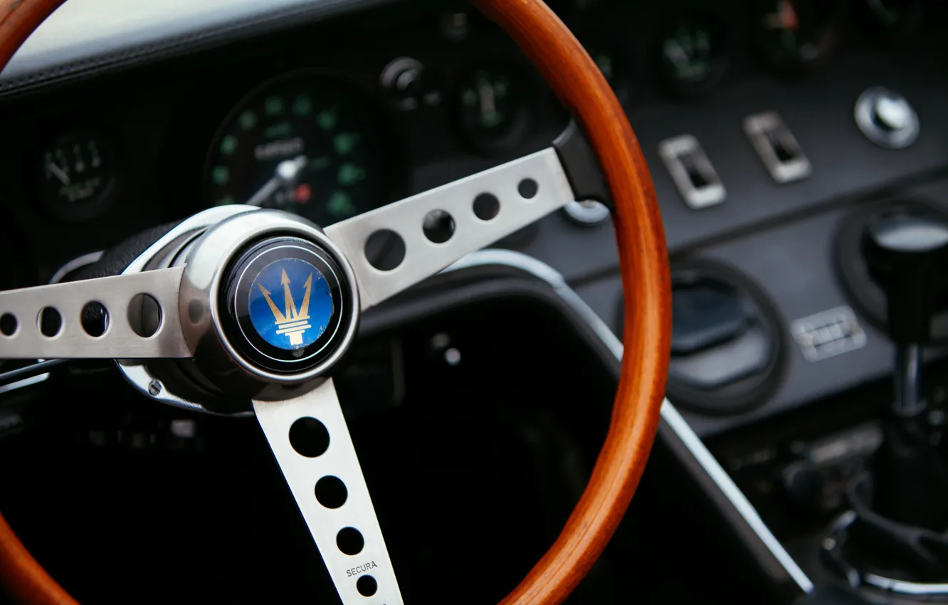 Photo wallpaper black, Maserati, devices, 1969, Roadster, spider, steering wheel, Ghibli Spider