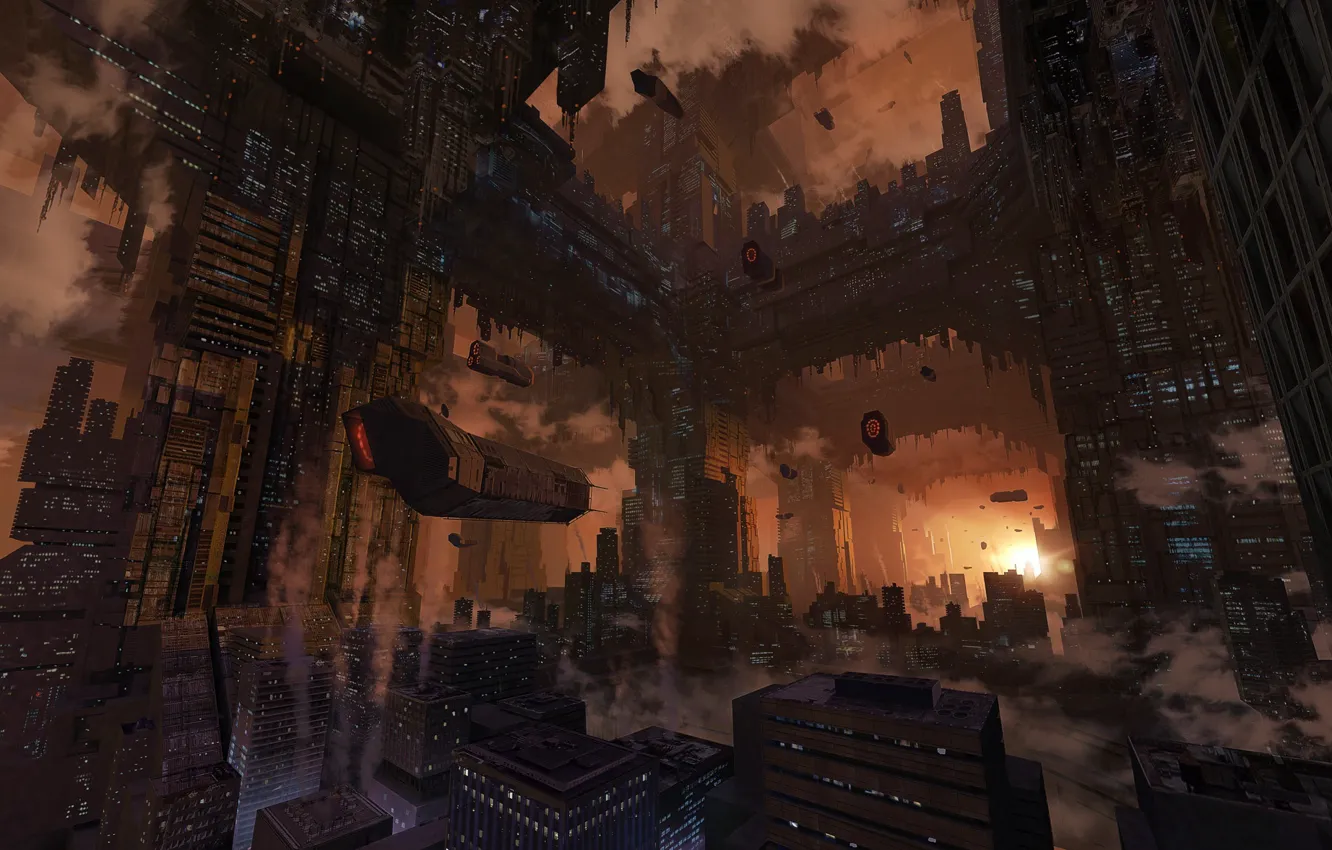 Photo wallpaper transport, smoke, construction, megapolis, Matrix city