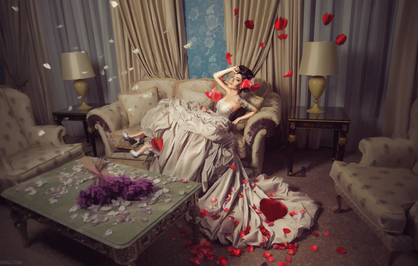 Photo wallpaper girl, flowers, petals, dress, Max Twain