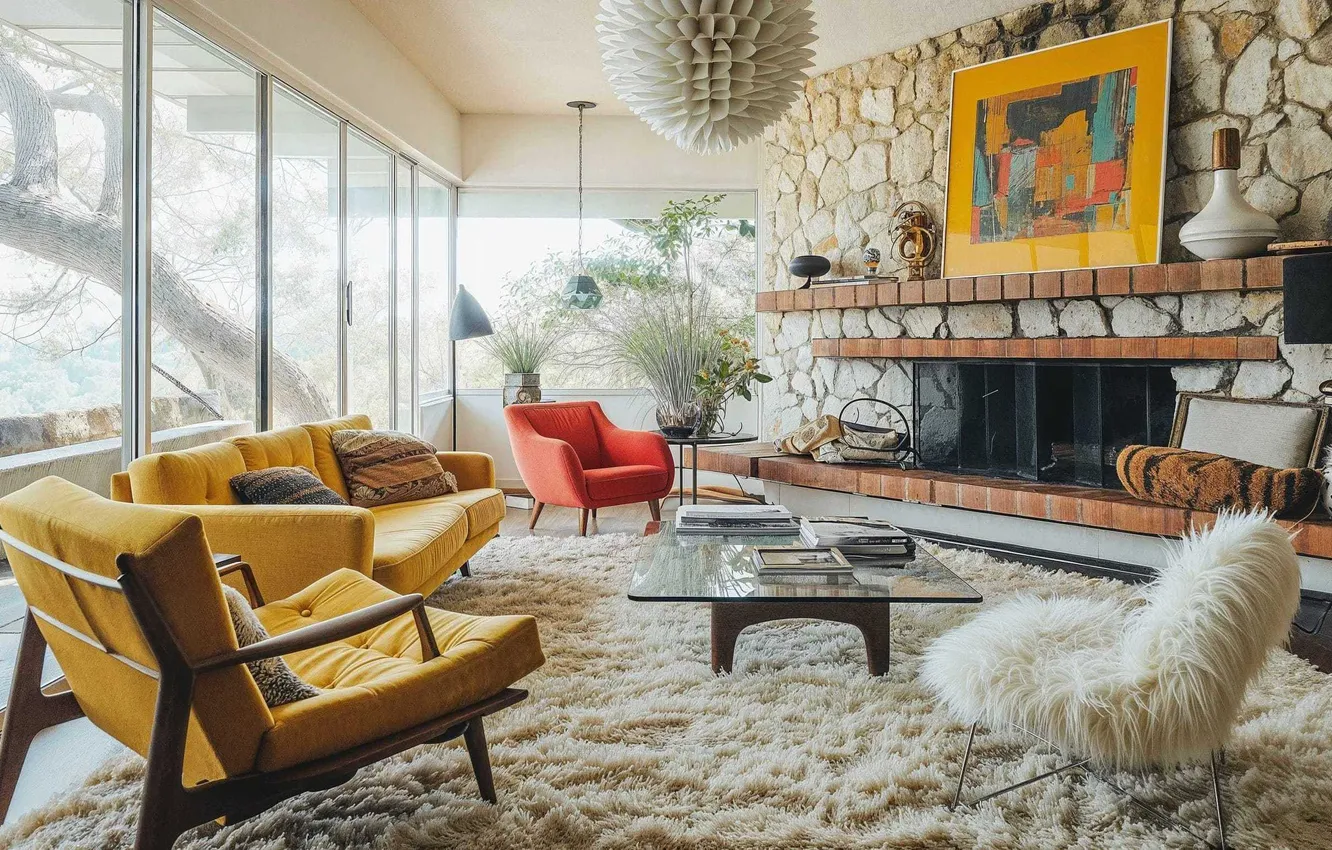 Photo wallpaper design, room, Villa, plant, home, interior, picture, fireplace