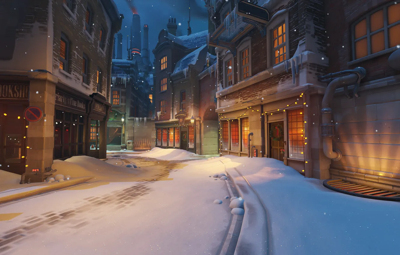 Photo wallpaper snow, the city, street, the game, home, Christmas, Blizzard, Christmas