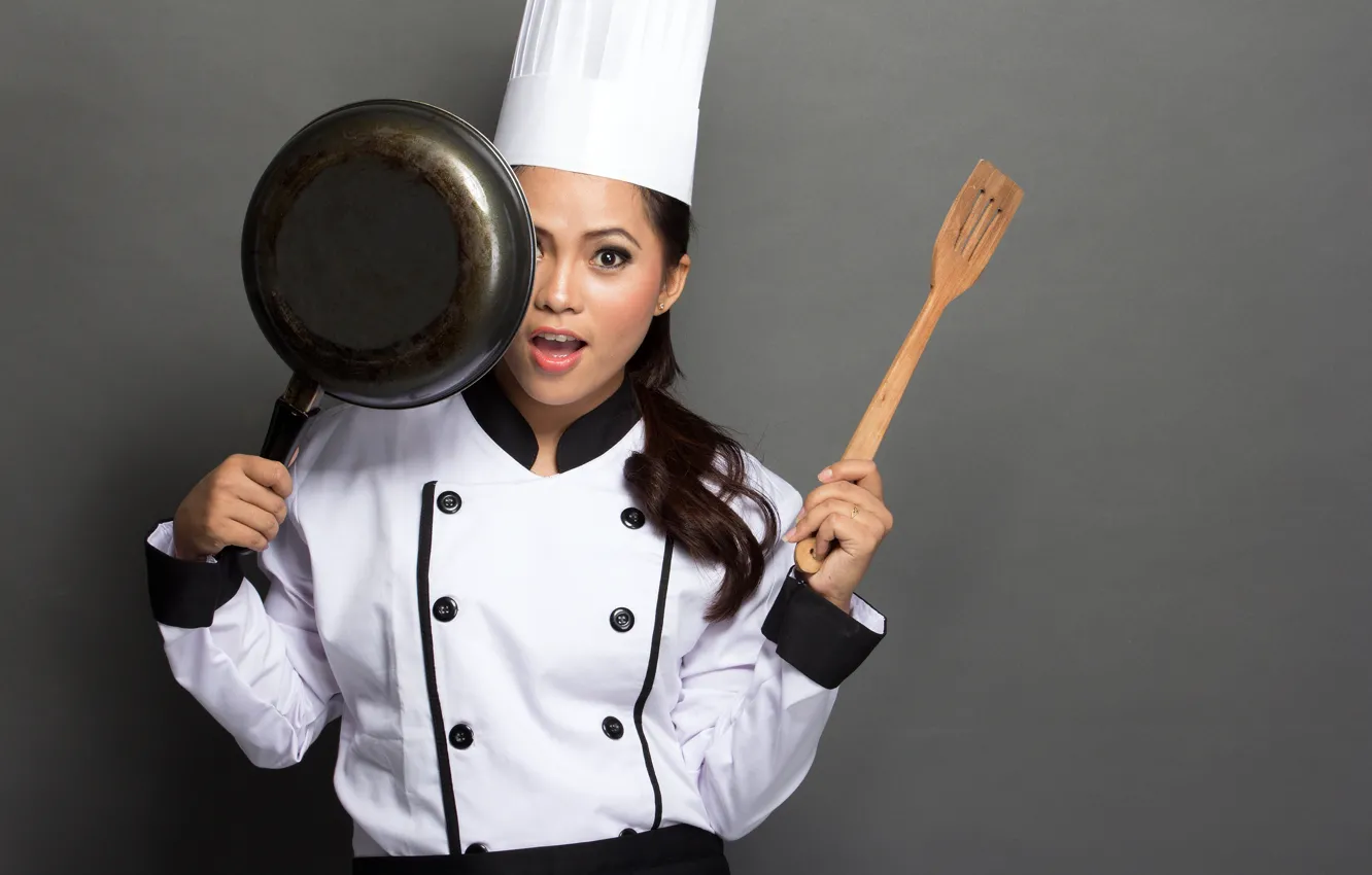 Photo wallpaper girl, background, makeup, hairstyle, cook, brown hair, Asian, uniform
