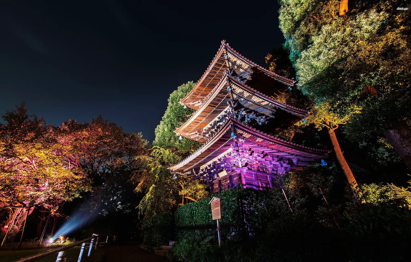 Photo wallpaper trees, night, lights, Park, Japan, pagoda, Tokyo