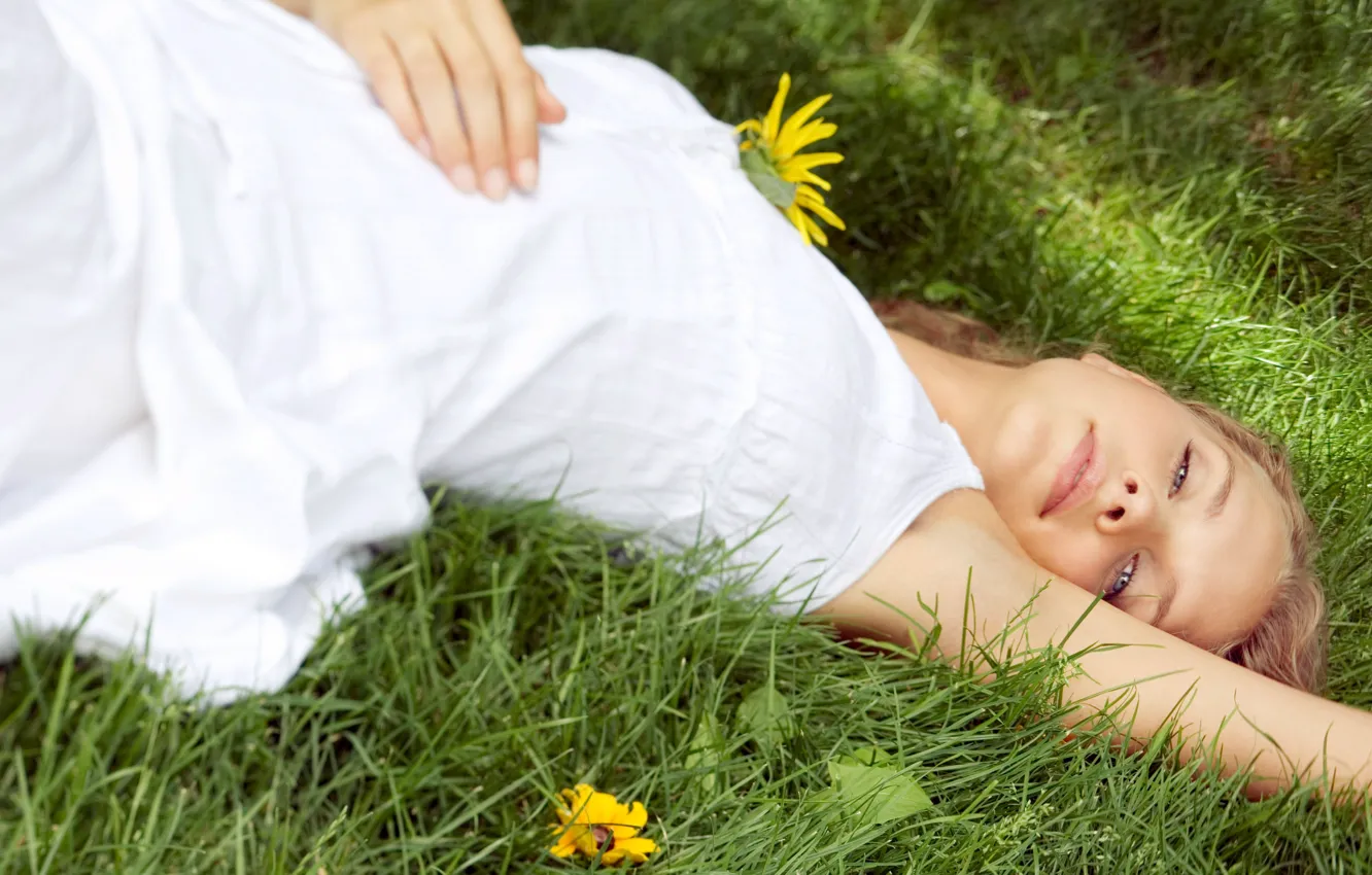 Photo wallpaper grass, flowers, white dress