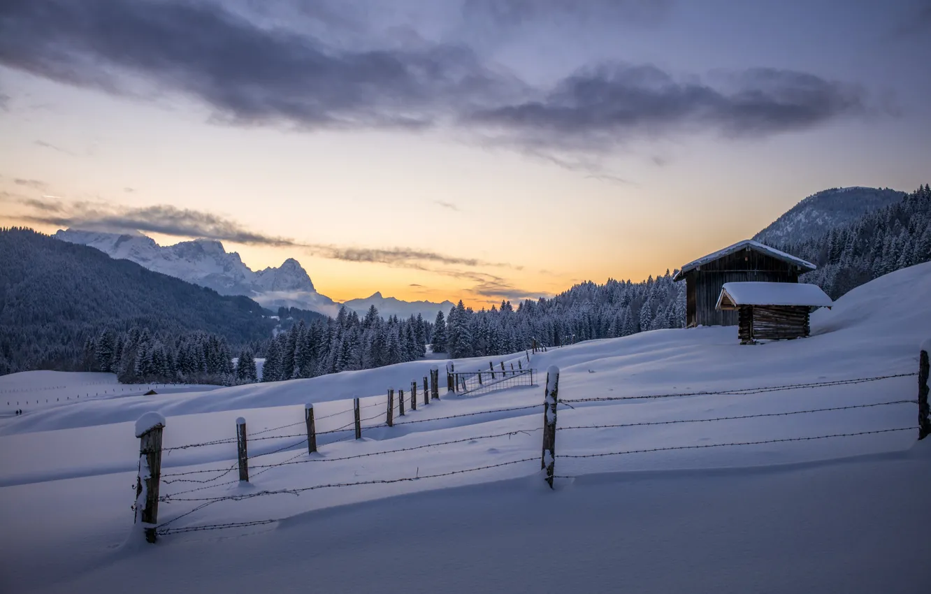 Photo wallpaper winter, snow, mountains, nature, house, the fence, morning