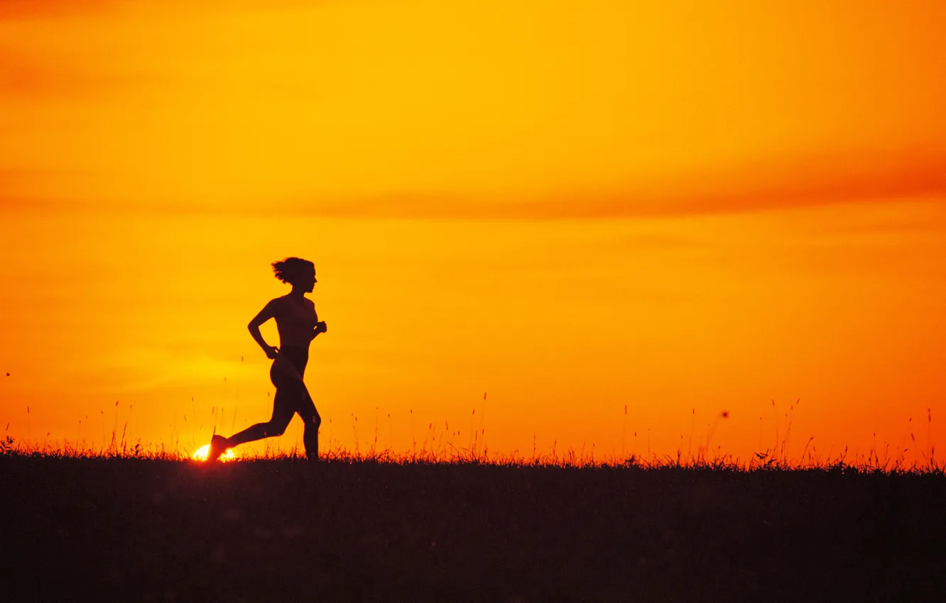 Photo wallpaper girl, nature, sport, the evening, silhouette, running