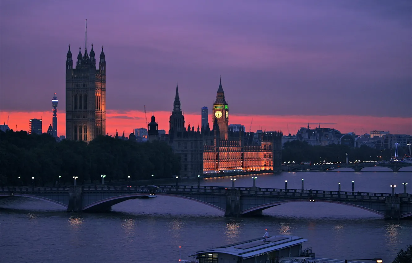 Photo wallpaper the sky, sunset, bridge, river, England, London, the evening, UK