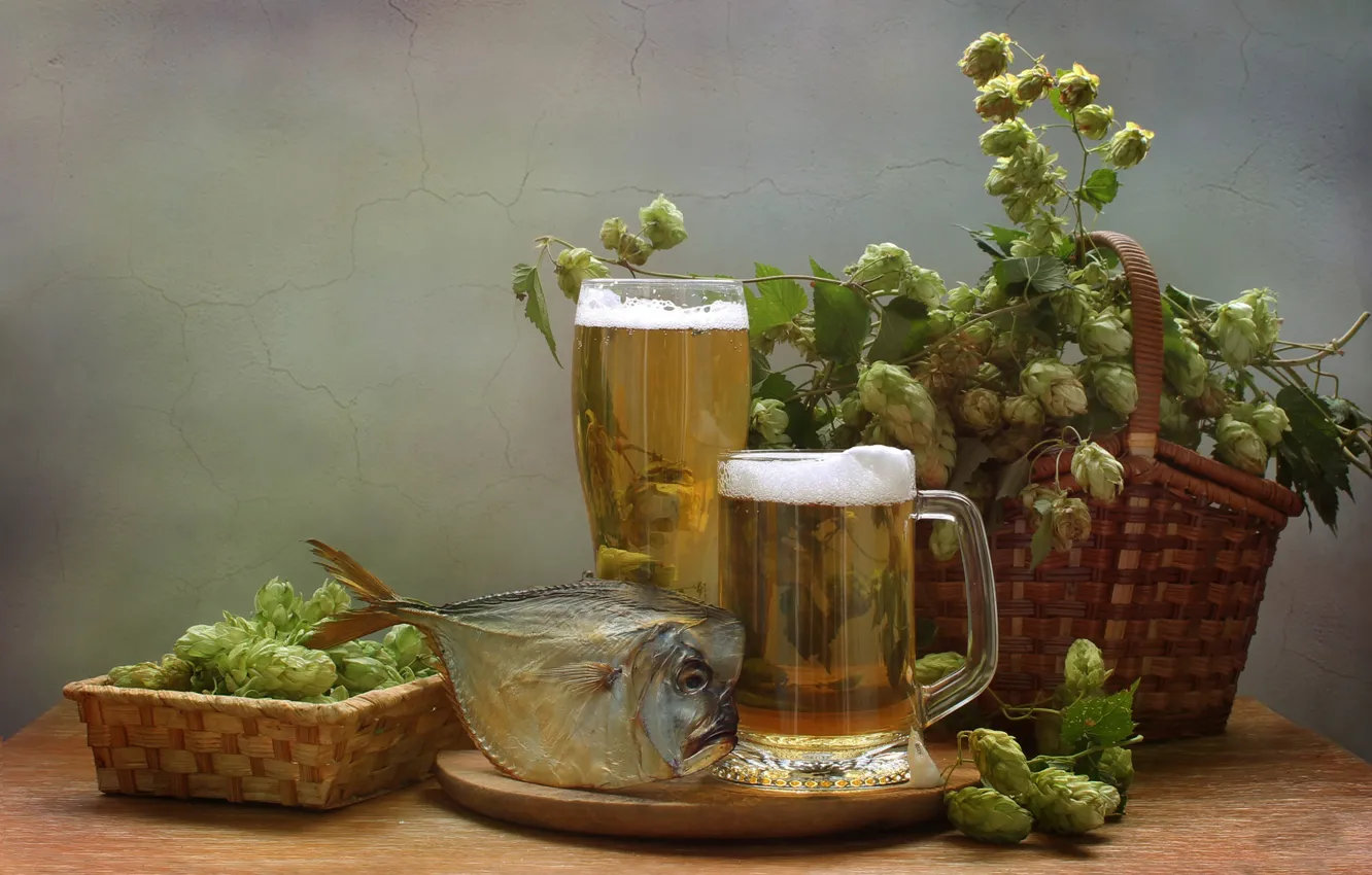 Photo wallpaper summer, beer, fish, still life, hops, women
