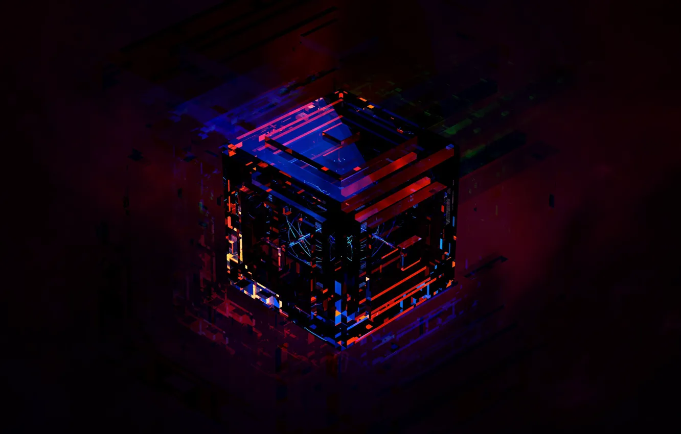 Photo wallpaper lights, 3d art, cube, dark background, Daniel Erdelyi