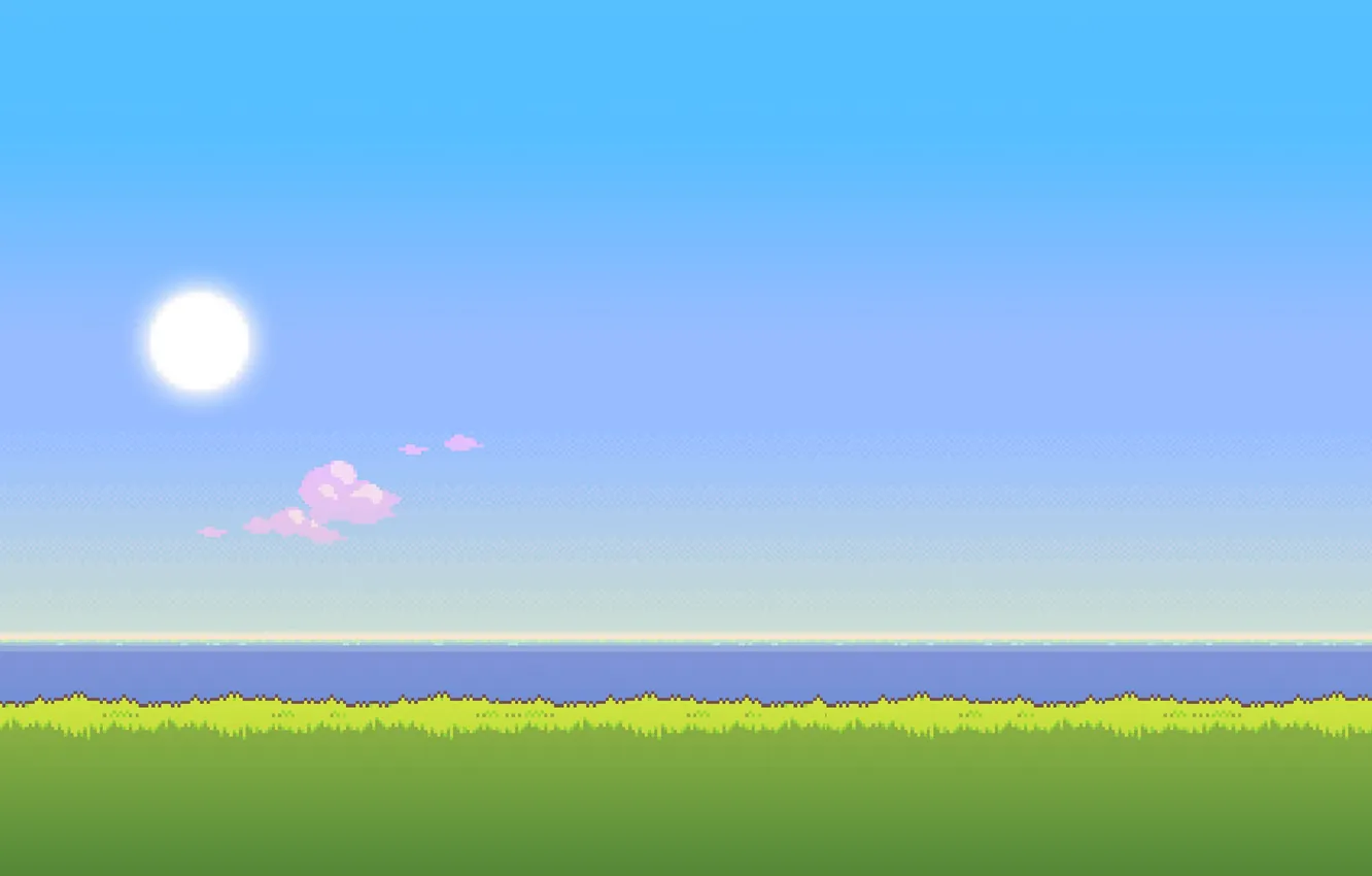 Photo wallpaper sea, the sky, grass, the sun, time, morning, day, 8bit