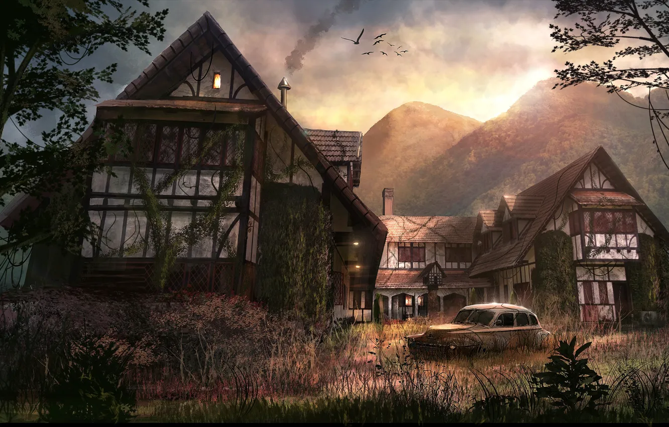 Photo wallpaper mountains, bird, vegetation, smoke, home, car, Abandoned Place