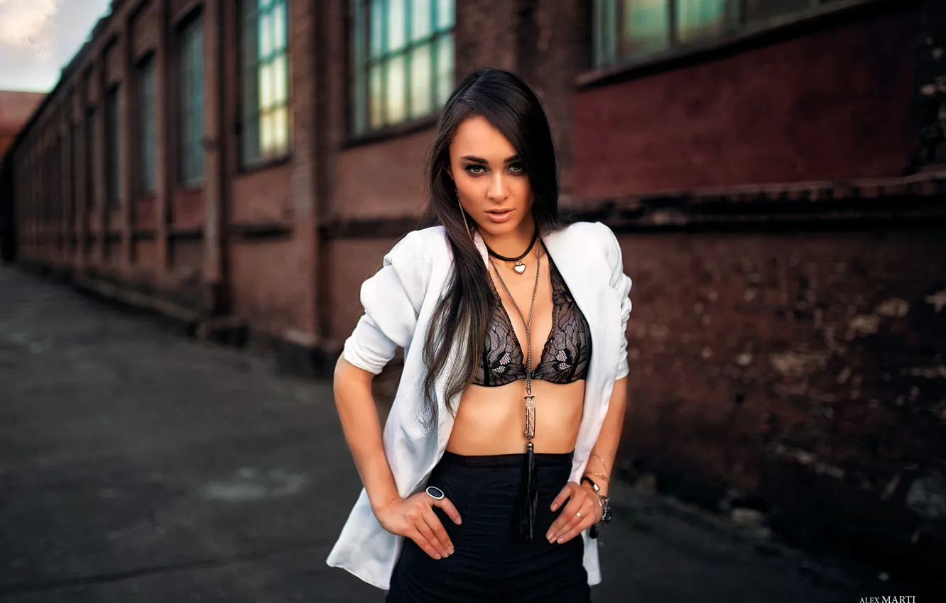 Photo wallpaper girl, pose, shorts, building, brunette, jacket, bra, Alex Marti