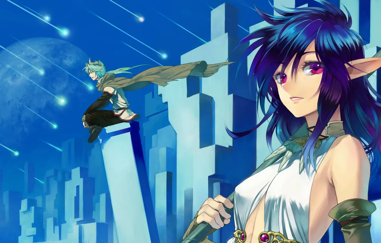 Photo wallpaper girl, elf, horns, guy, ears, pink eye, Starfall