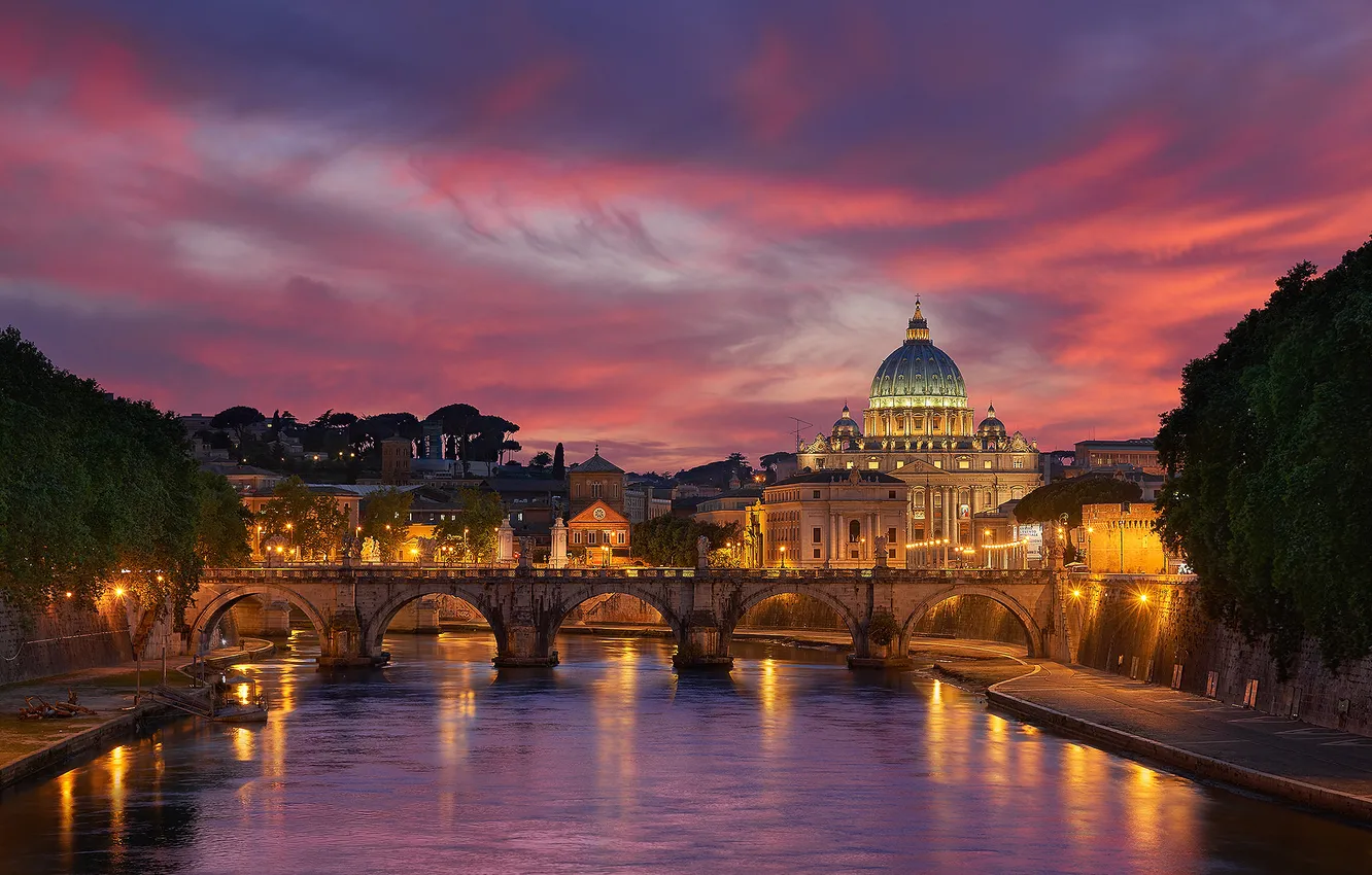 Photo wallpaper bridge, the city, river, spring, the evening, Rome, Italy, Church