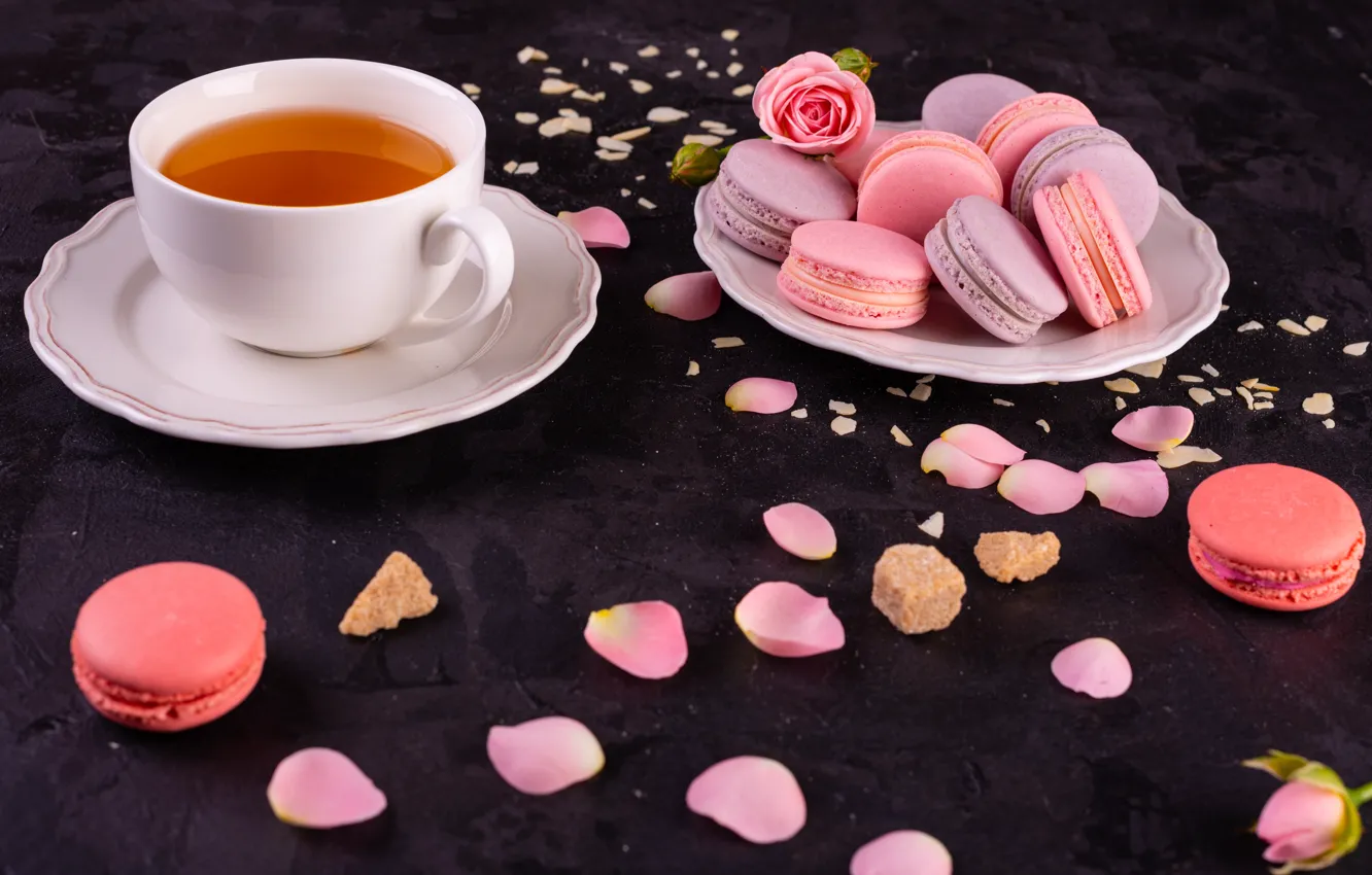 Photo wallpaper tea, roses, petals, cakes, macaroon