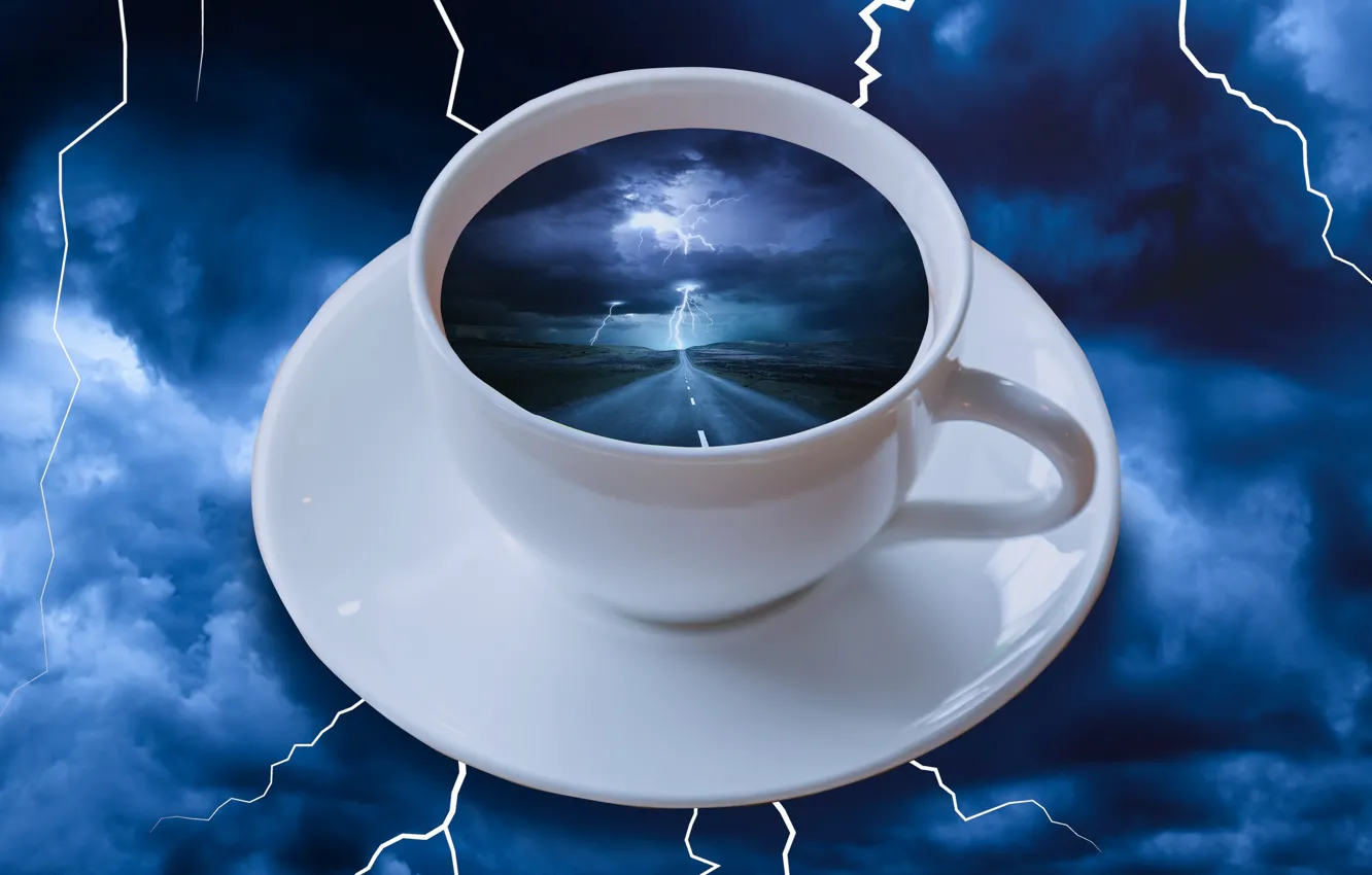 Photo wallpaper road, the storm, night, clouds, reflection, rendering, lightning, category