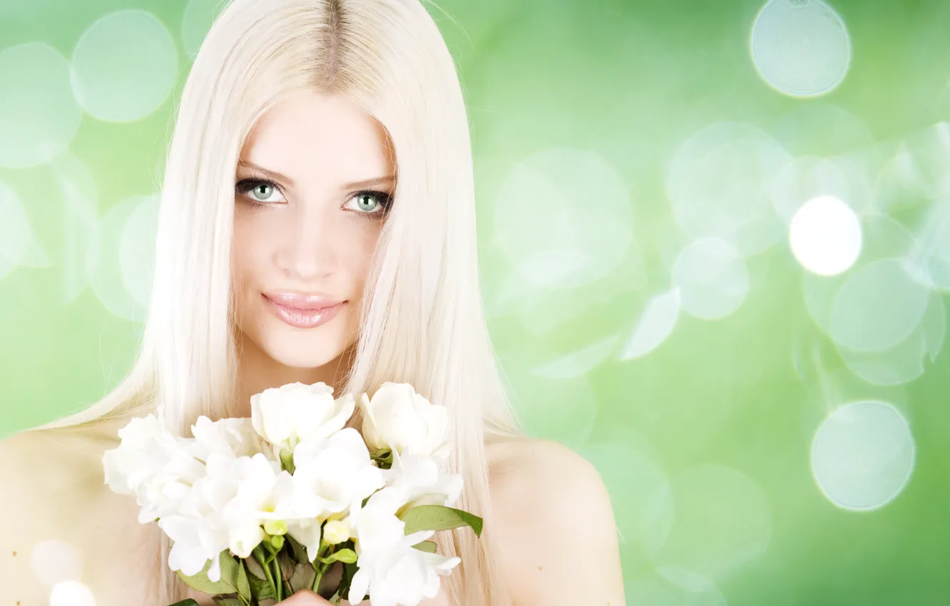 Photo wallpaper girl, flowers, green, glare, background, portrait, bouquet, makeup