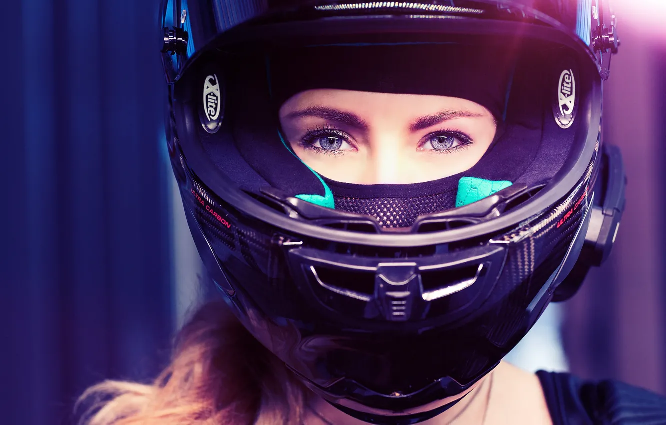 Photo wallpaper eyes, girl, face, helmet, helmet