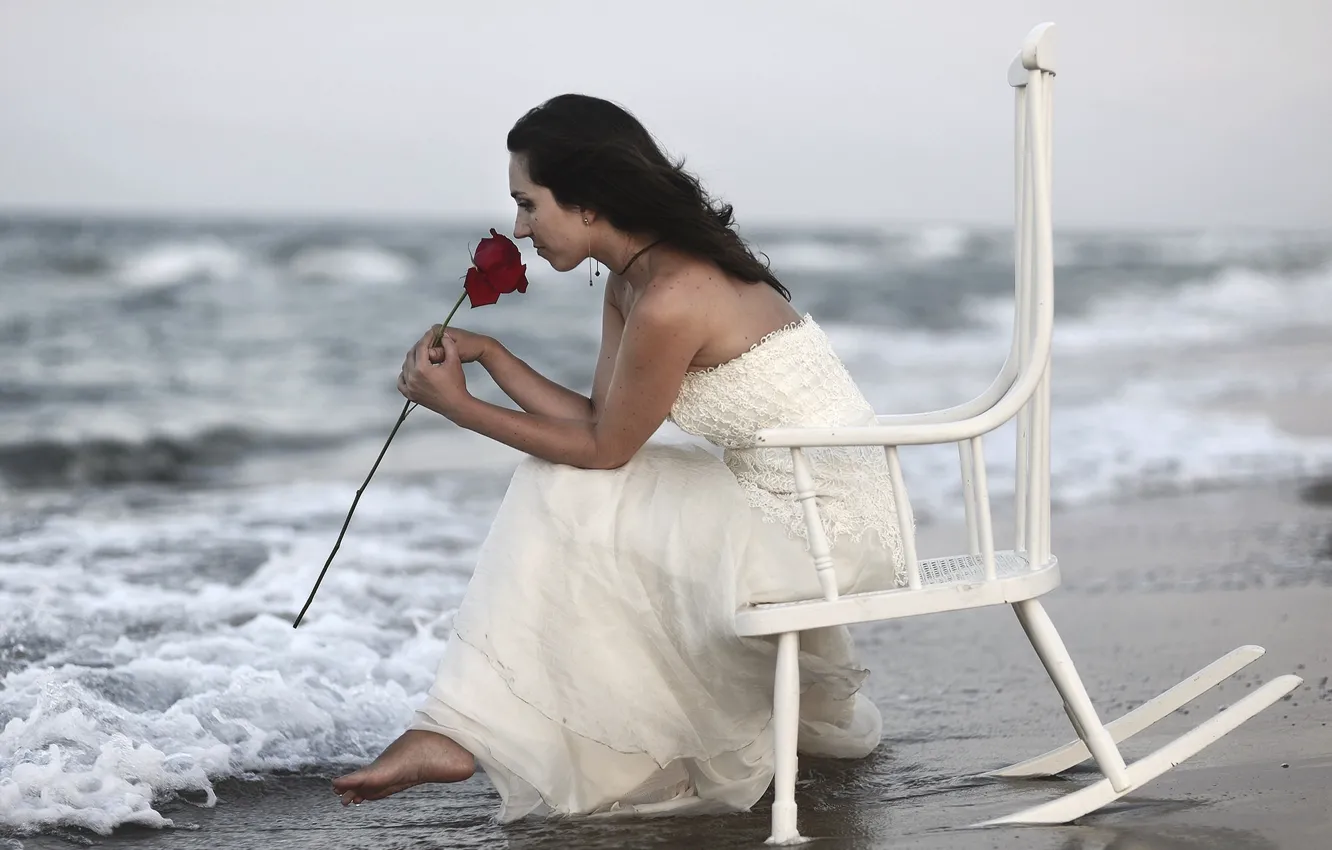 Photo wallpaper sea, girl, roses, chair