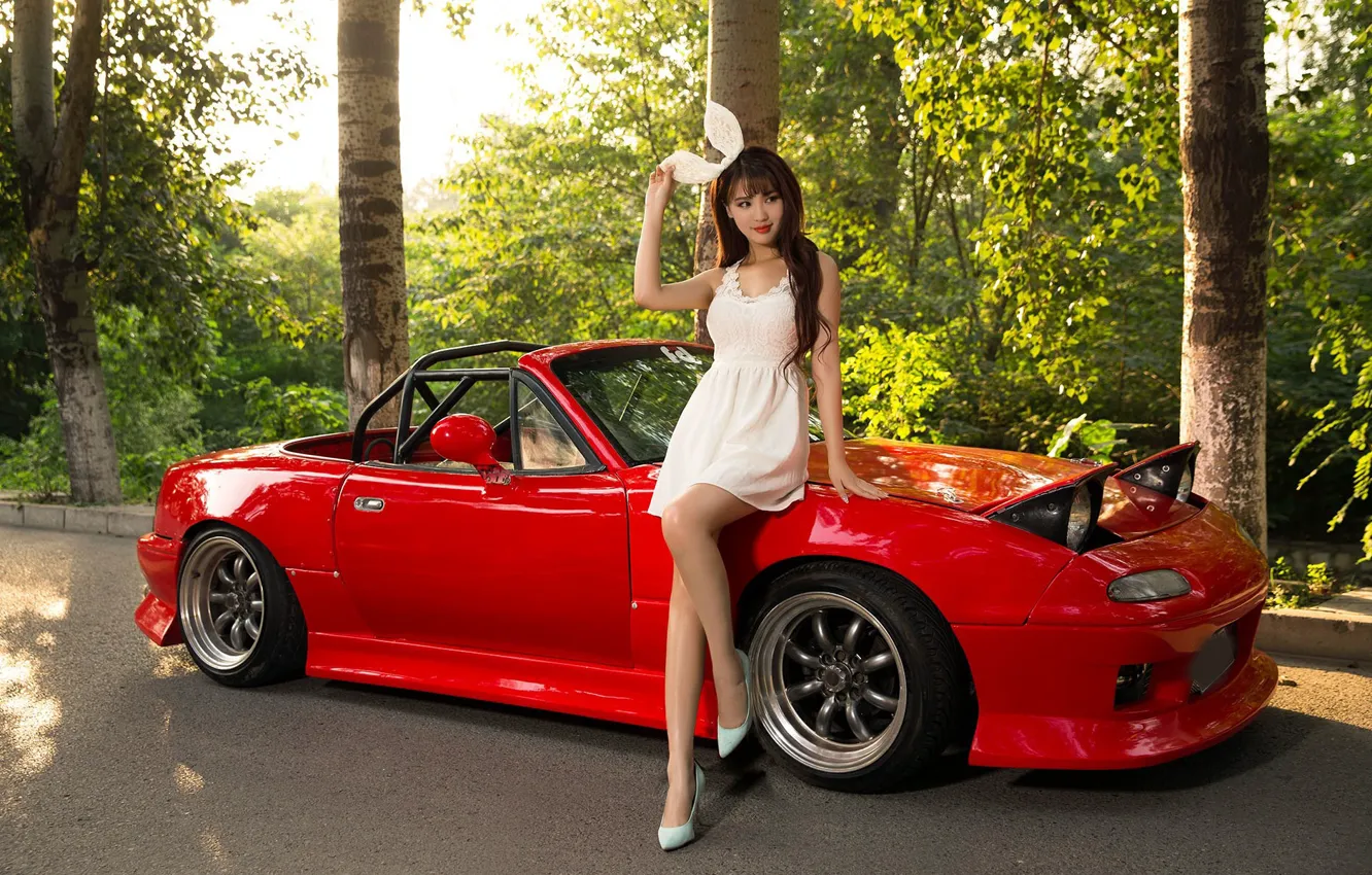 Photo wallpaper look, girl, Asian, beautiful girl, red car, posing on the car, Mazda MX5