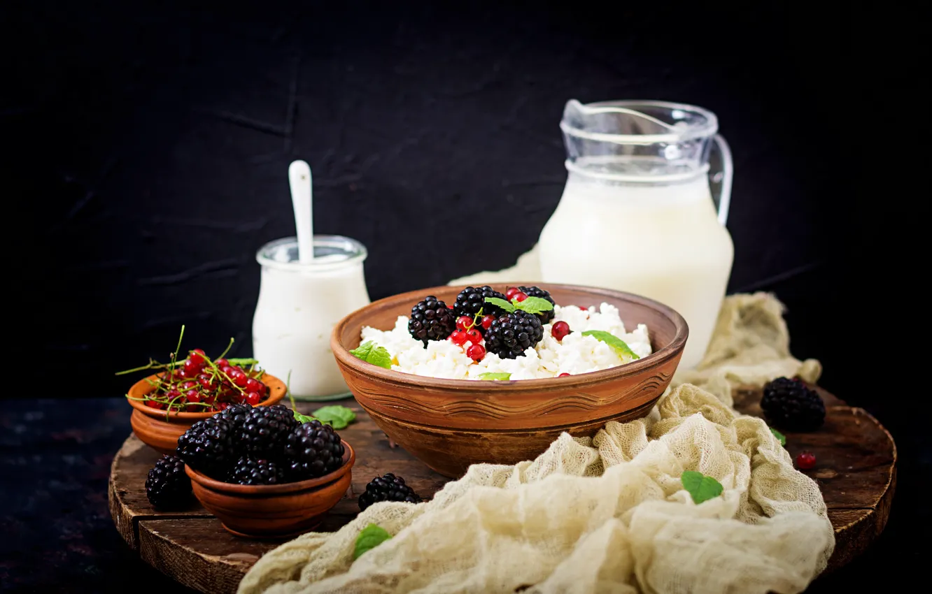 Photo wallpaper berries, food, Breakfast, milk, BlackBerry, cheese, yogurt, red currant