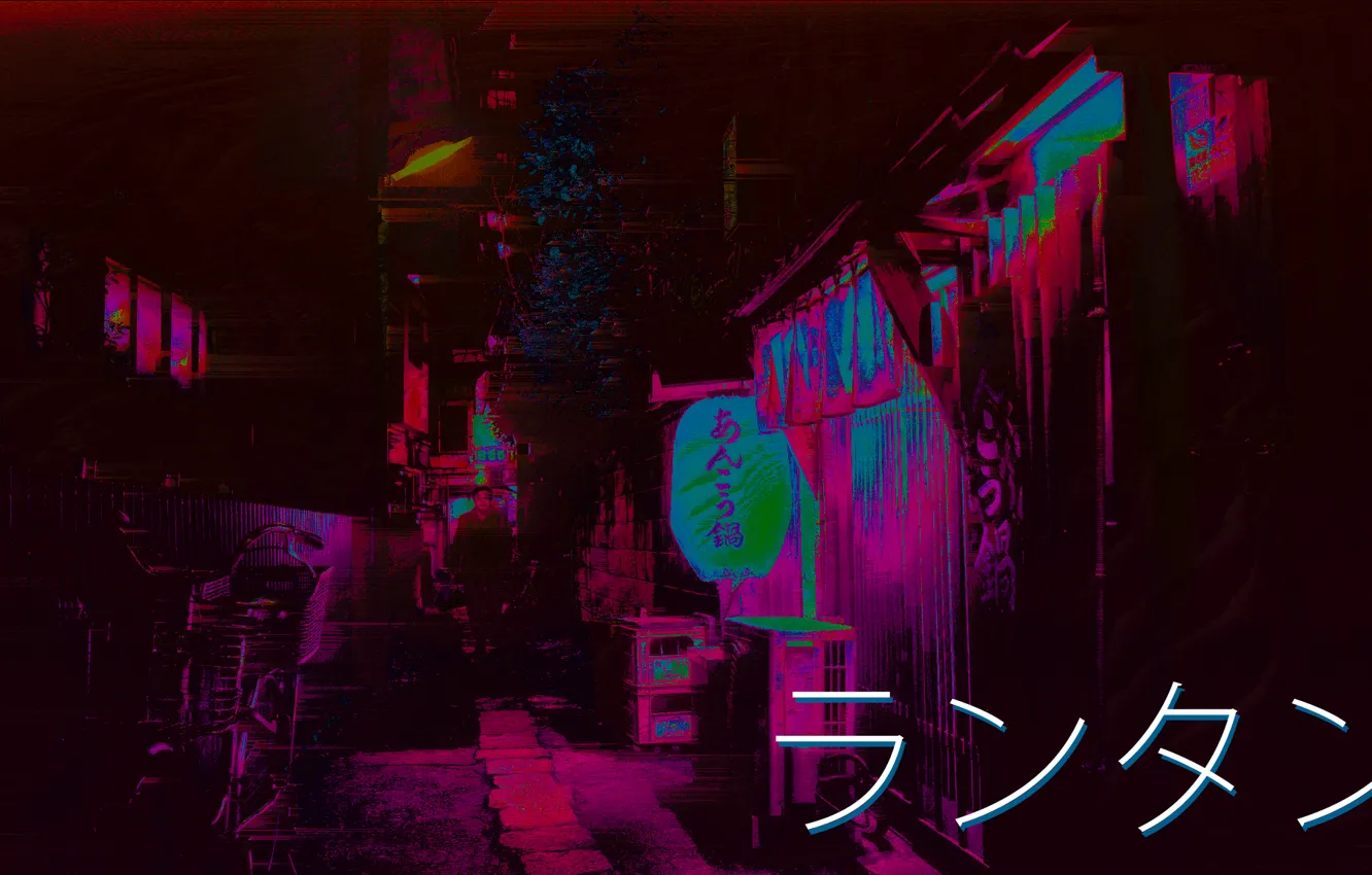 Photo wallpaper night, street, Japan, Vaporwave, GLITCH