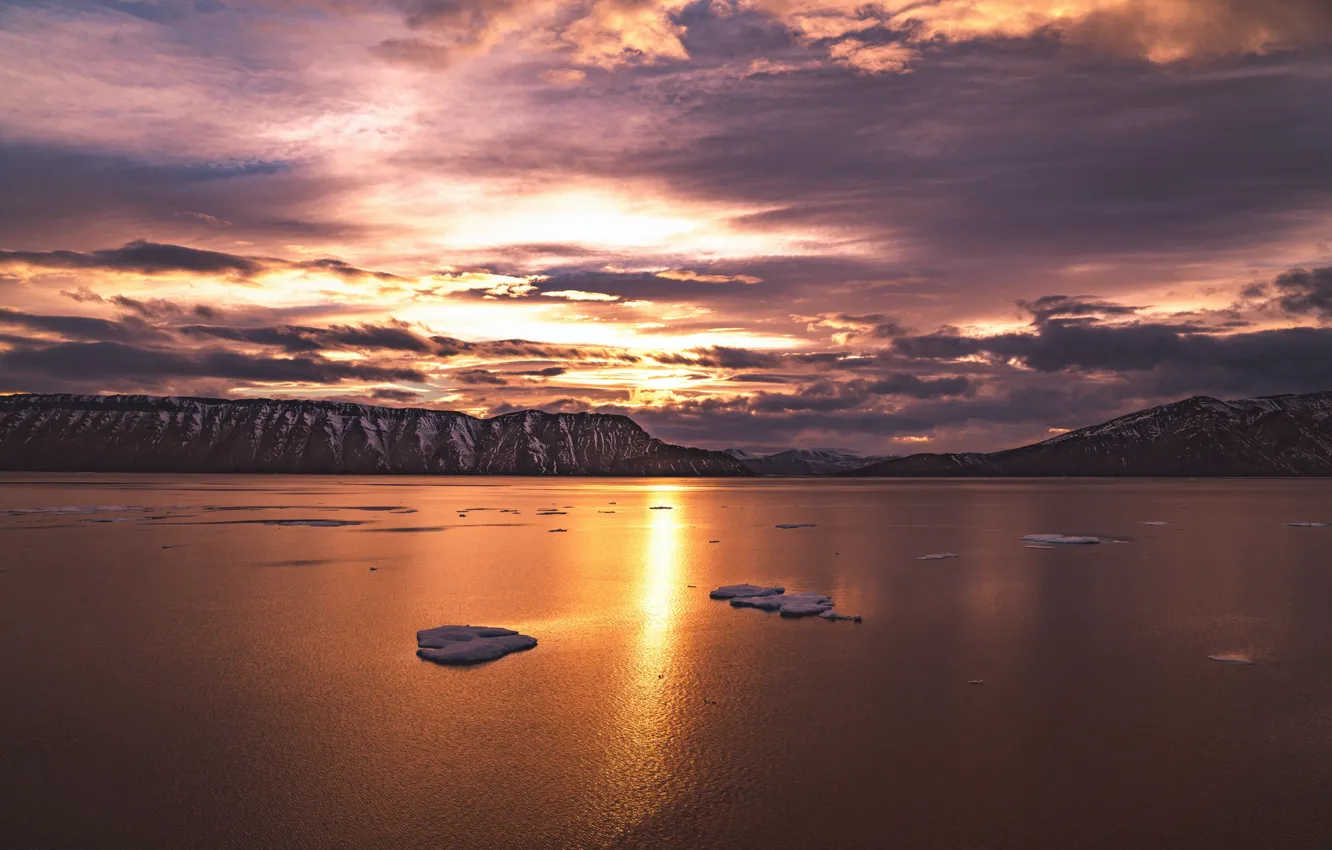 Photo wallpaper sunset, bay, Arctic, Greenland, ice floes, arctic ice, ice sheet, arctic sunset