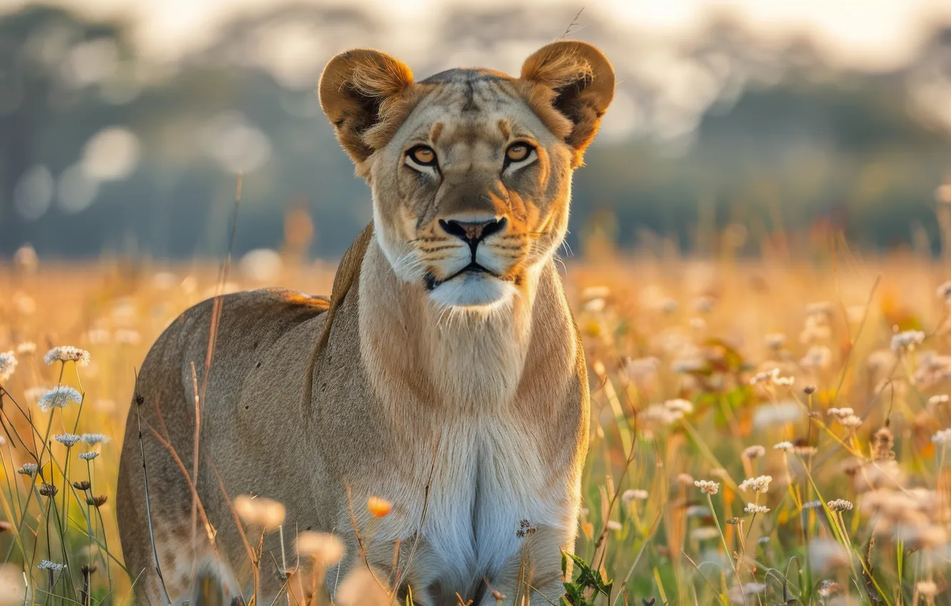 Photo wallpaper field, grass, look, face, light, flowers, nature, pose