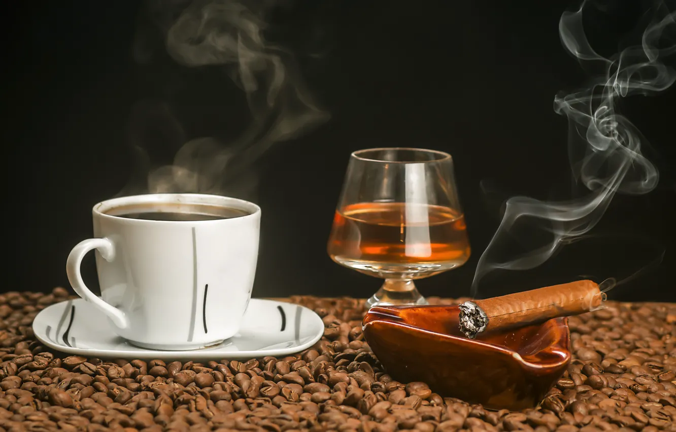 Photo wallpaper coffee, grain, Cup, cigar, cognac