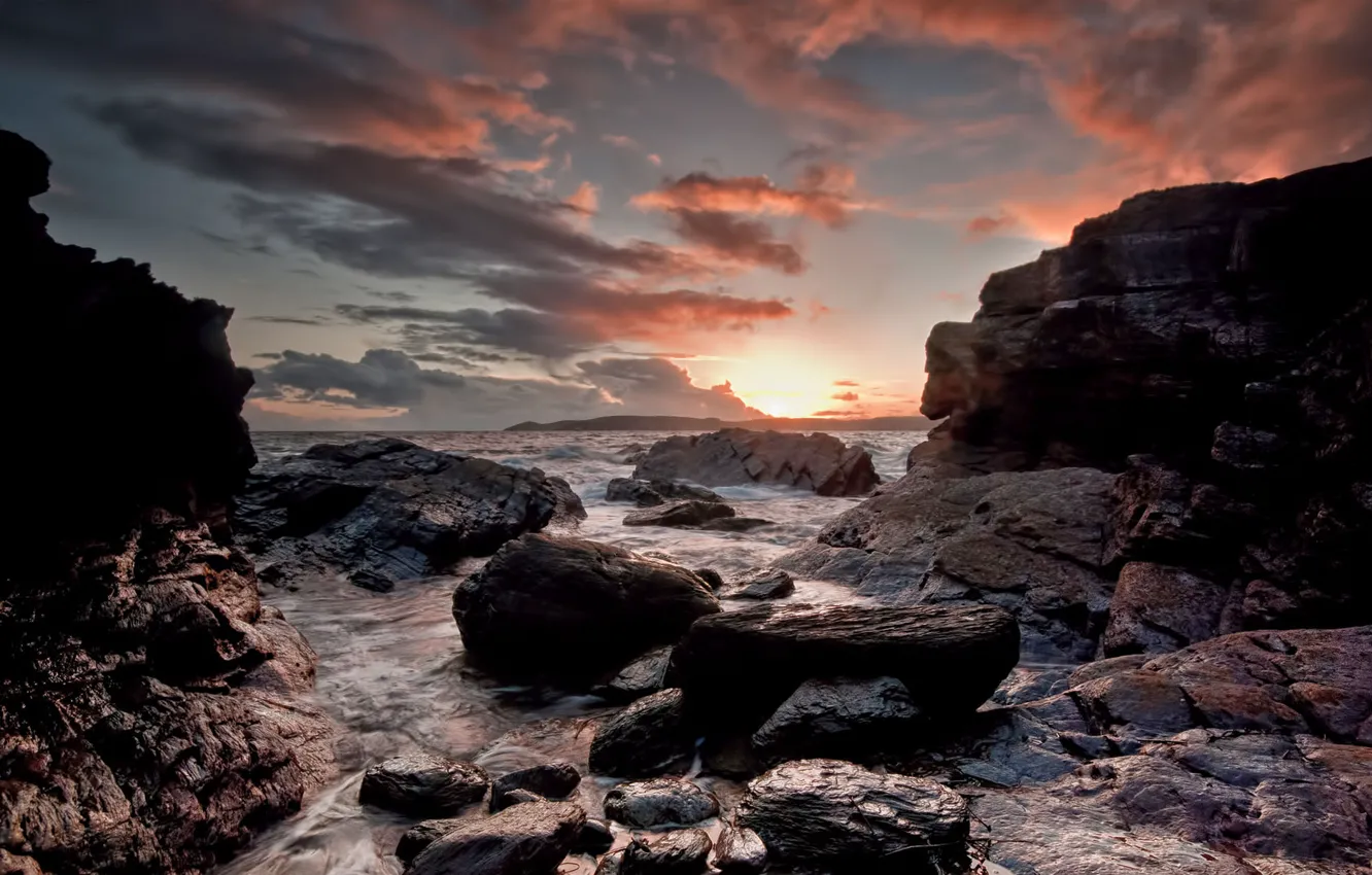 Photo wallpaper sea, clouds, sunset, clouds, stones, rocks
