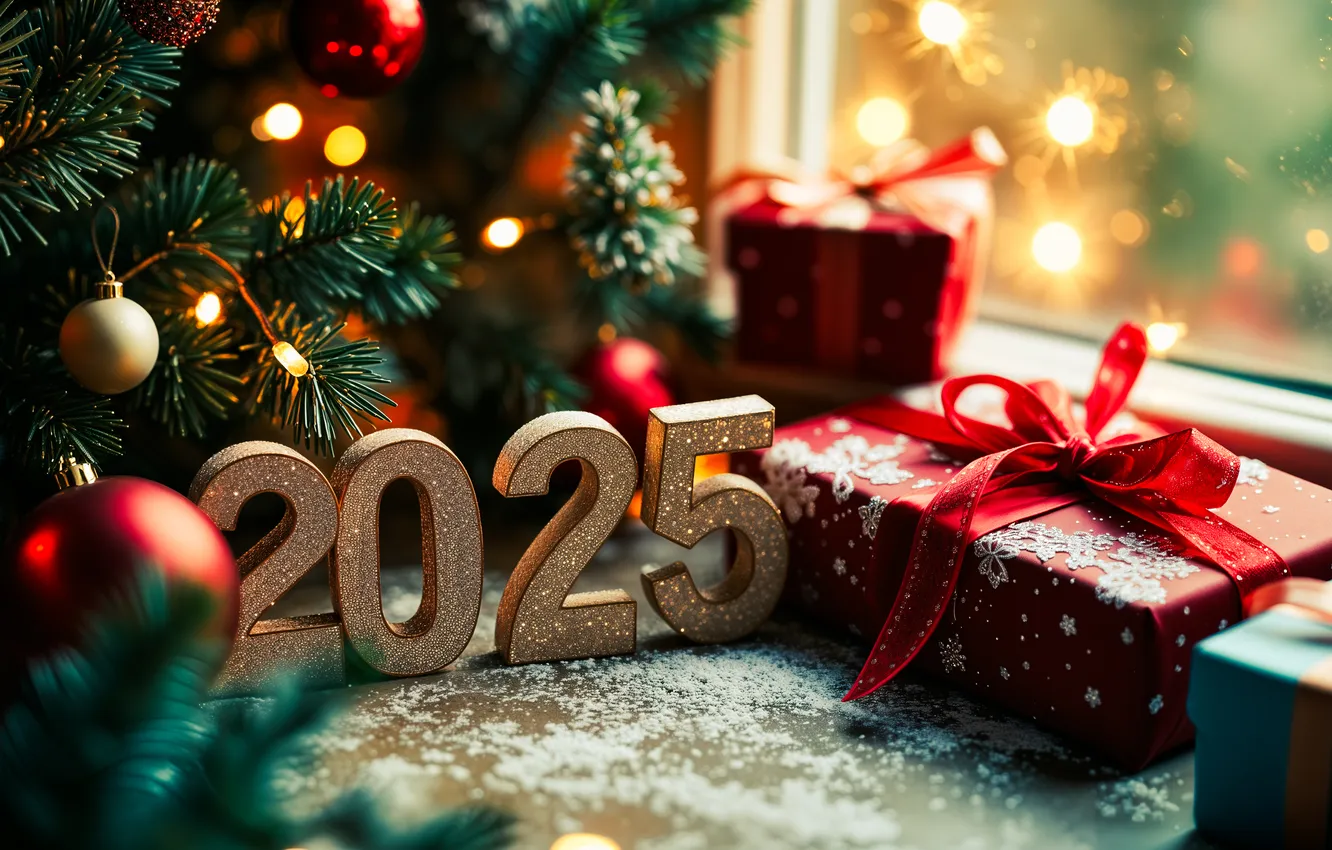 Photo wallpaper balls, light, branches, gift, tree, new year, window, figures