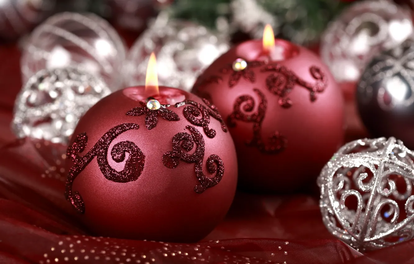 Photo wallpaper macro, decoration, red, holiday, new year, candles, ball, sequins