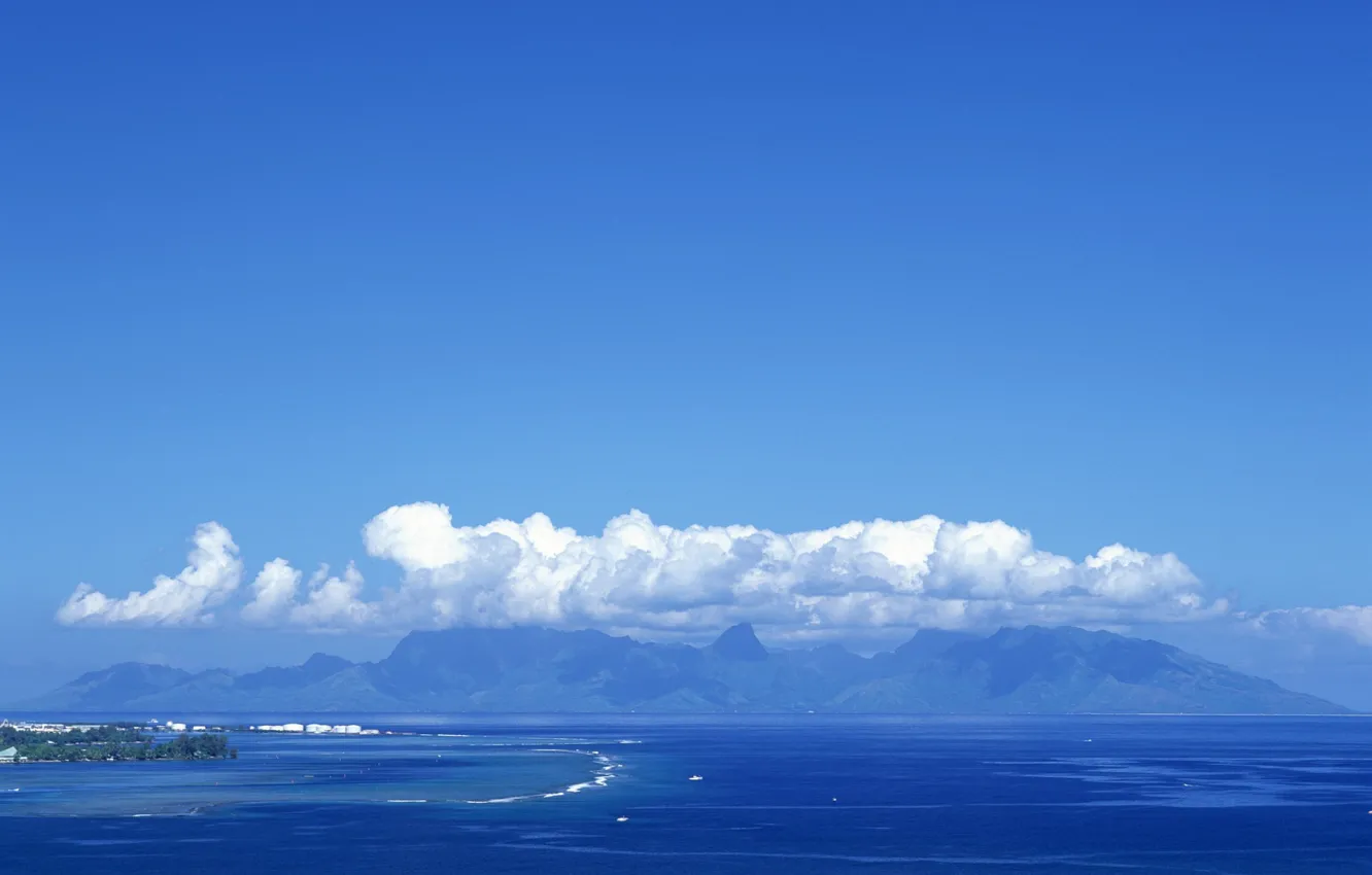 Photo wallpaper sea, mountains, island, Clouds