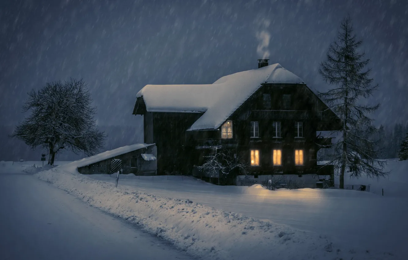Photo wallpaper winter, snow, night, house, Romantic Winter Evening