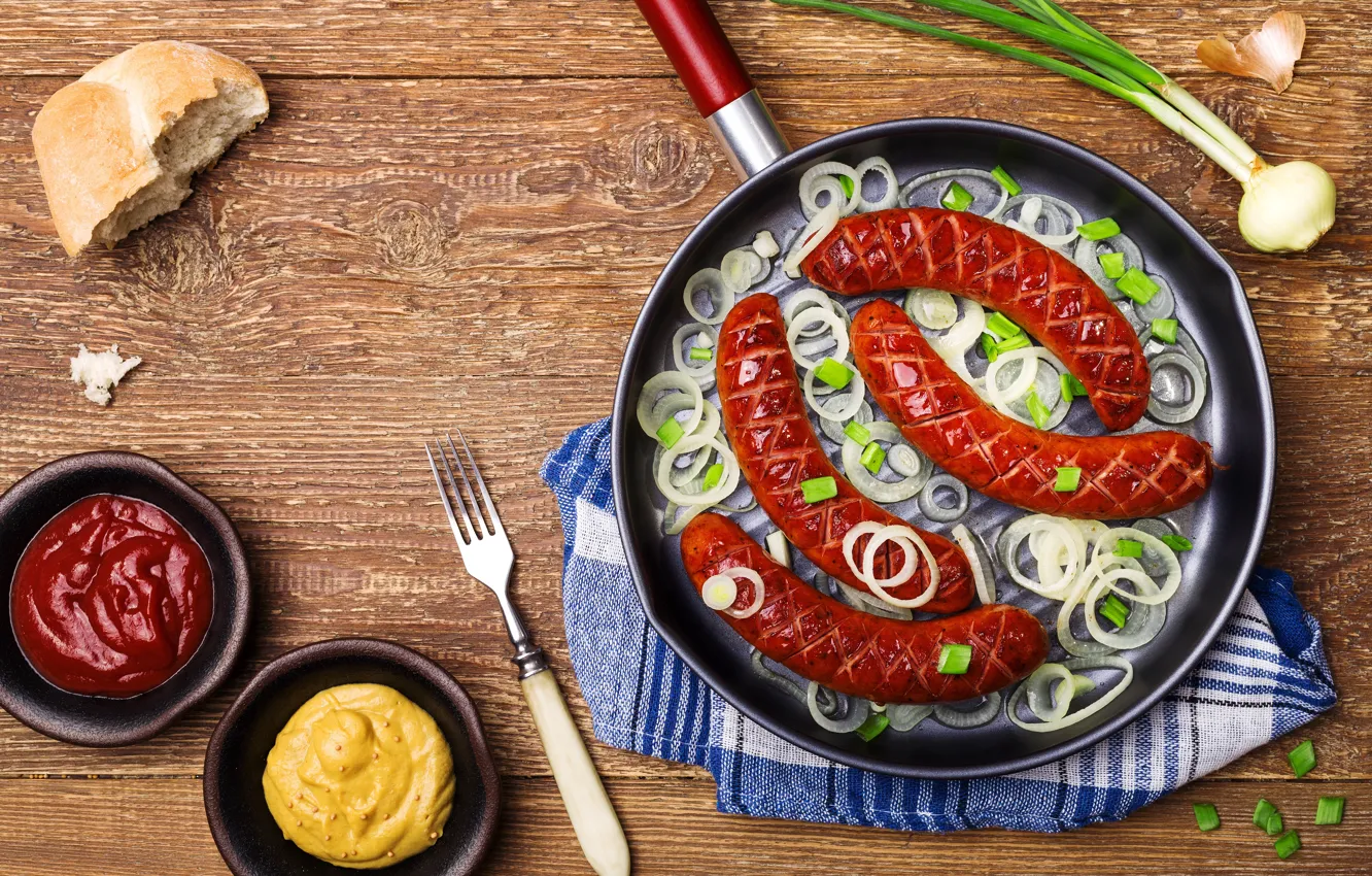 Photo wallpaper sausage, bow, bread, plug, ketchup, pan, mustard