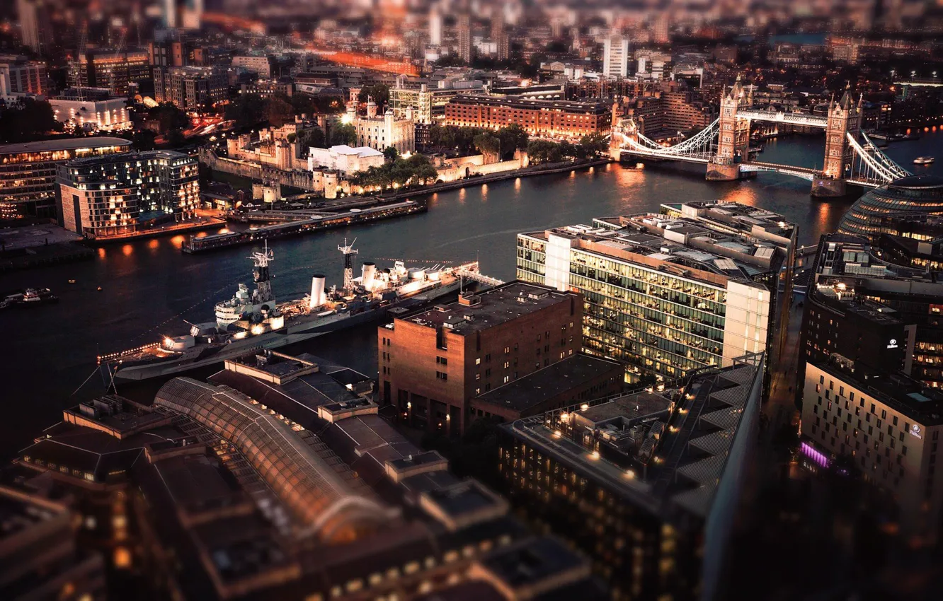 Photo wallpaper city, lights, river, night, Tower Bridge, tilt-shift, London, Thames