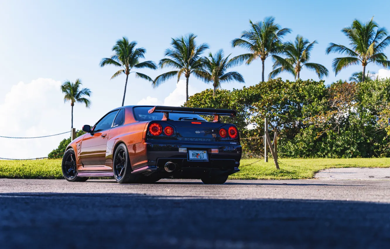 Photo wallpaper GT-R, Rear view, R34, Palm trees, V-Spec